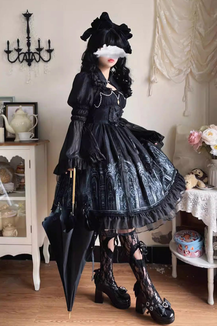 Black Sleeveless Silent Night Print Ruffle Gothic Jsk Dress