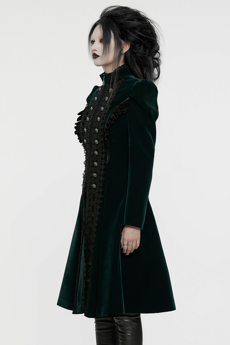 Floral Embroidery Puff Sleeve Long Coat - Gothic