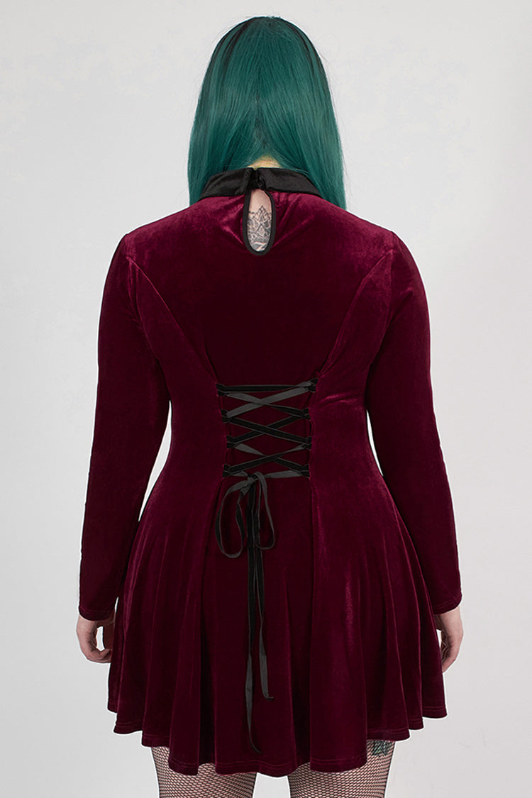 Velvet Front Chest Hollow-Out Decals Back Lace-Up Long Sleeve Plus Size Gothic Dress