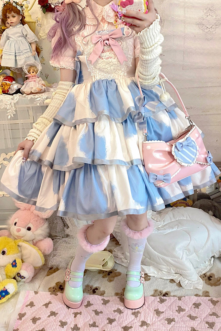 Azure Cow-Print Bowknot Sweet JSK with Triple Ruffles