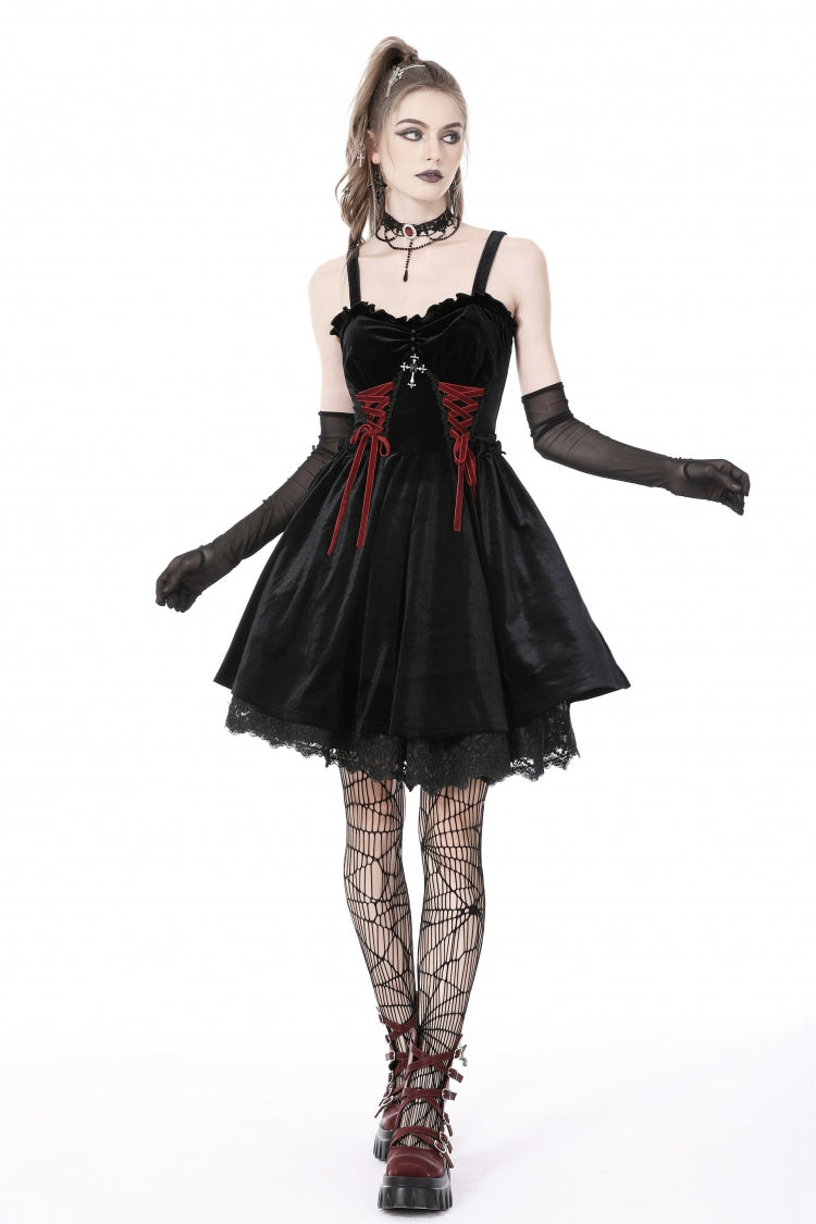 Crimson & Black Cross Lace-Up Velvet Slip Dress