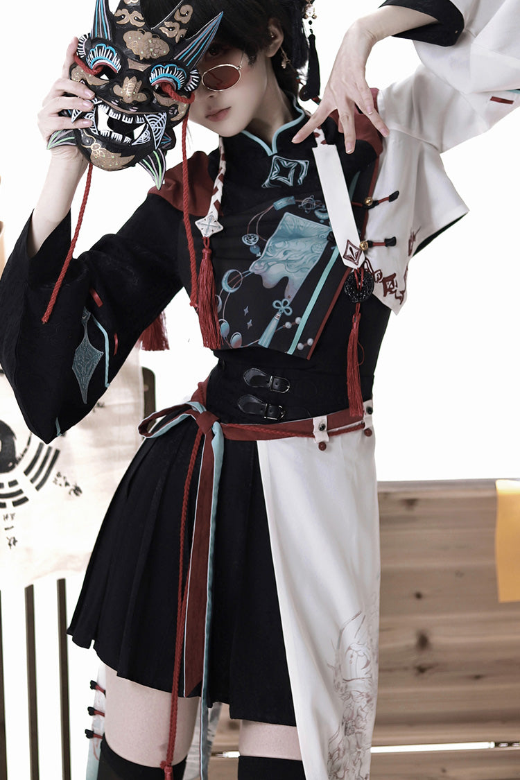 Multi-Color Asymmetric Chinese Ouji Skirt with Demon Print - Walking With The Demon