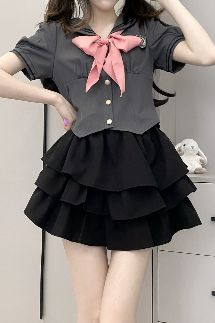 Sweet College Style Skirt Set with Ruffle Bowknot