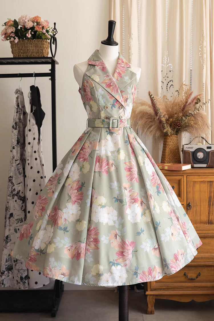V Collar Printed Vintage Dress - Afternoon Forest
