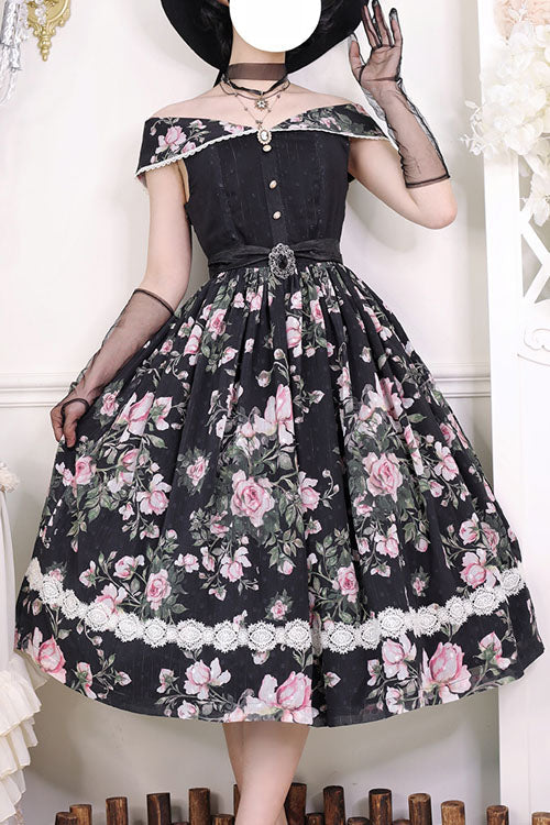 Black French Rose Floral Print V-Neck Sleeveless Ruffled Classic Lolita JSK Dress - Altfashion Shop