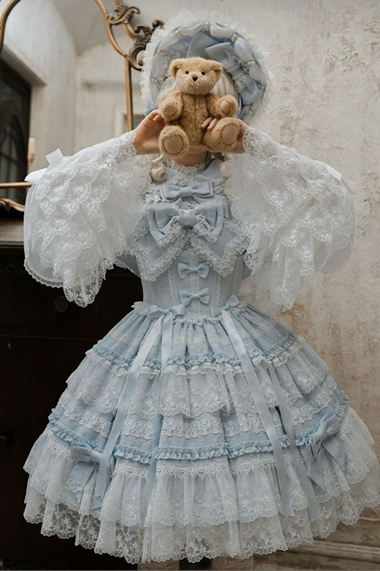 Blue Sleeveless Ruffled Bow Lace Sweet Lolita JSK - Reinas