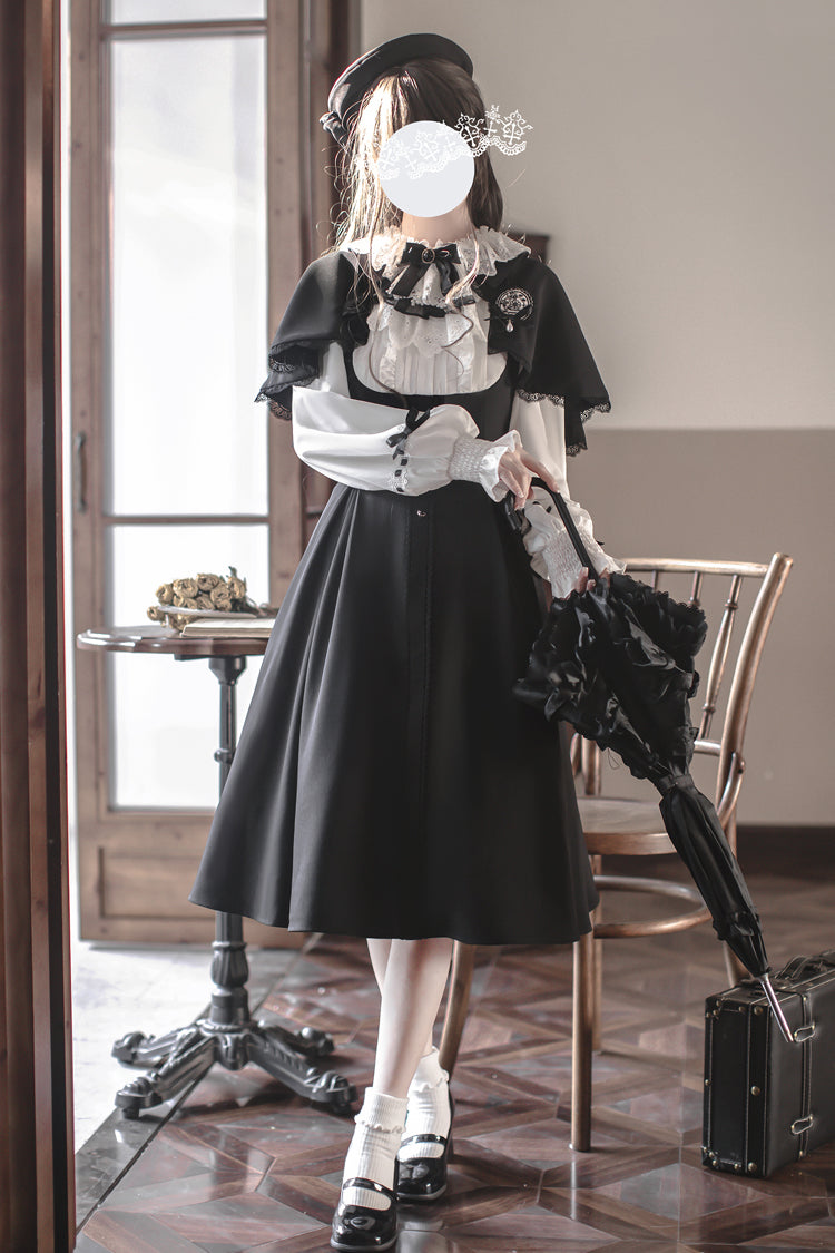 Black/White Sunset Academy Long Sleeves Ruffled Bow Fake Two Pieces Vintage Collegiate Elegant Lolita Gown