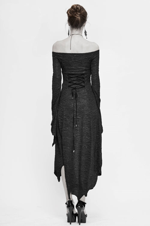 Off-Shoulder Slim Dress with Pleated Waist and Lacing