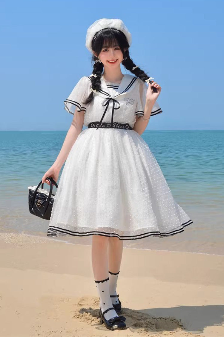 Ivory Navy Collar Ruffled Sailor Dress with Lace-Up - Seaside Sweetheart