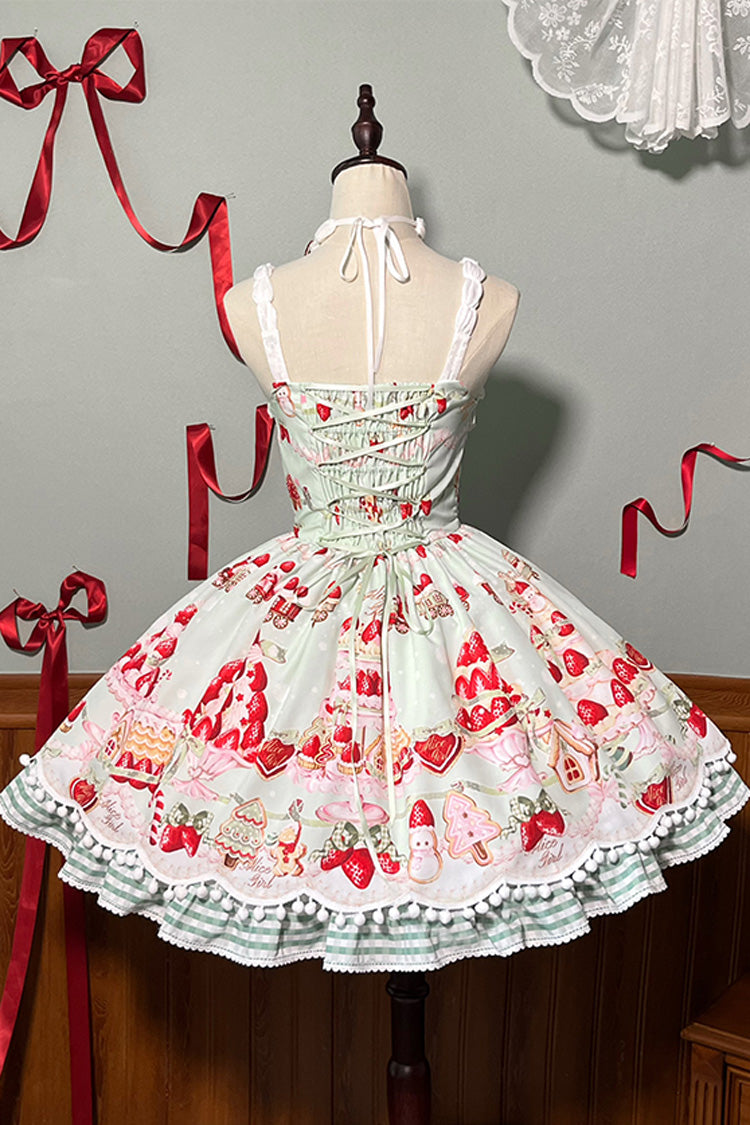 Mint Strawberry Dessert Printed Natural Waist Sweet Lolita JSK Dress - Ruffled
