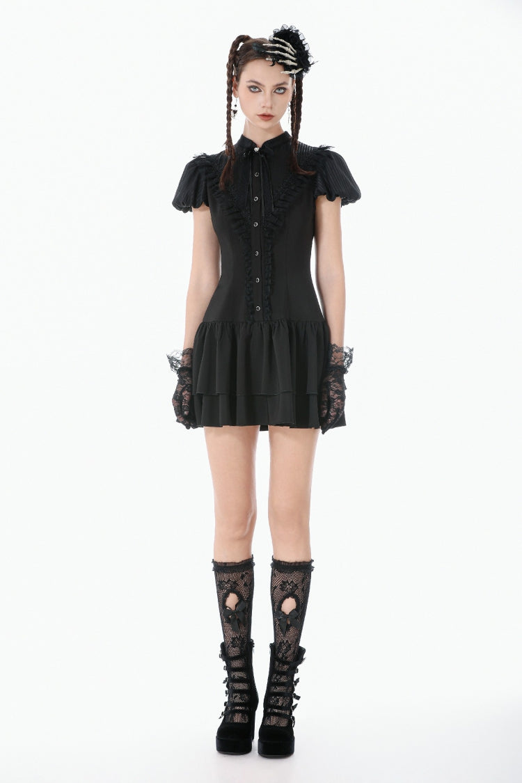 Pleated Bow Lace-Up Short Sleeve Gothic Lolita Dress - Black