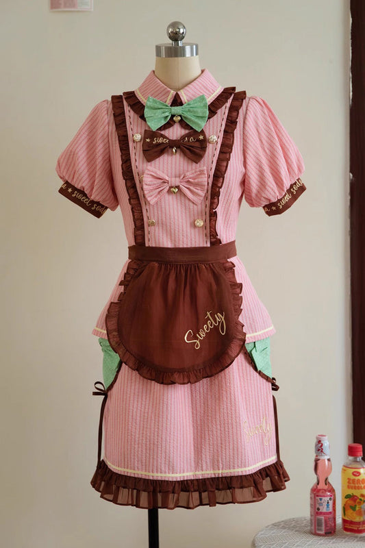 Pink Sweet Soda Short Sleeves Print Ruffle Bowknot Apron Sweet Vintage Lolita Skirt Set