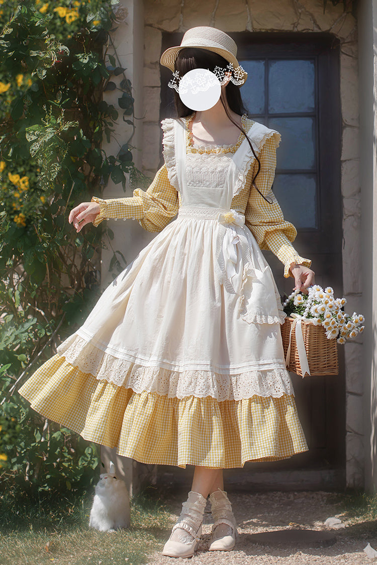 Yellow Long Sleeve Print Dress with Lace-Up and Ruffles