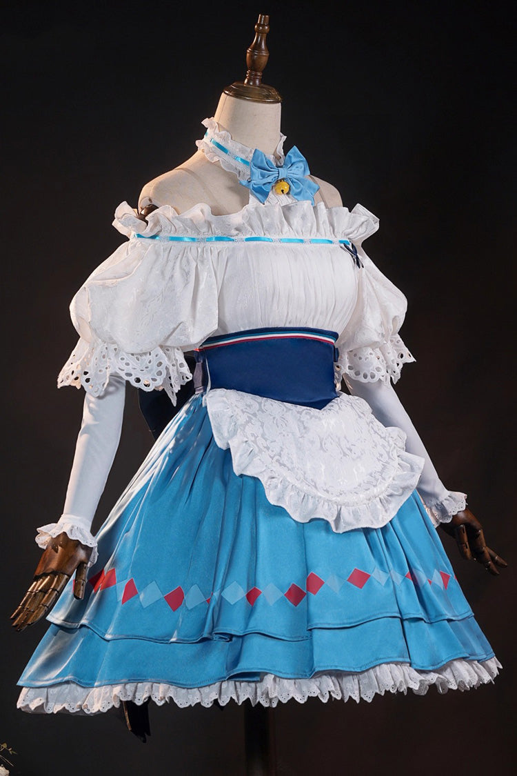 Cerulean and Ivory Twin-Tone Puffed Sleeve Bow Adorned Lace Cosplay Ensemble from Arknights - Classic Lolita Set