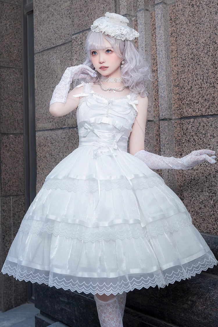 Ivory Sleeveless Multi-Layer Ruffle Bow Sweet Lolita JSK