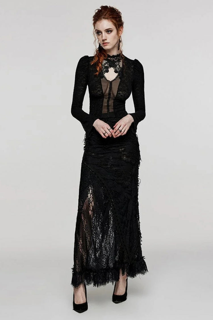Raven Stand-Collar Long-Sleeve Lace Sheer Print Gothic Blouse for Women
