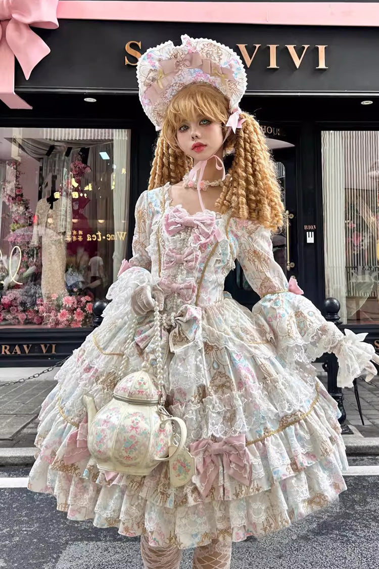 Elegant Apricot Trumpet Sleeve Layered Ruffle Bow Lace Lolita Gown