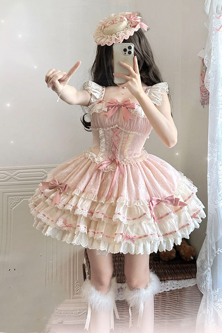 Pink Double-Layered Ruffled Bow Lace-Up Sweet Ballet JSK - Flory Butterfly