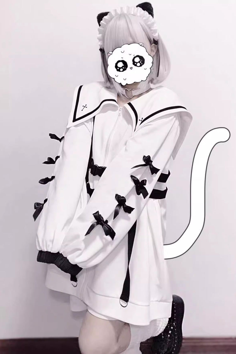 Sailor Collar Long Sleeve Cross Print Bow Coat - Jirai Kei