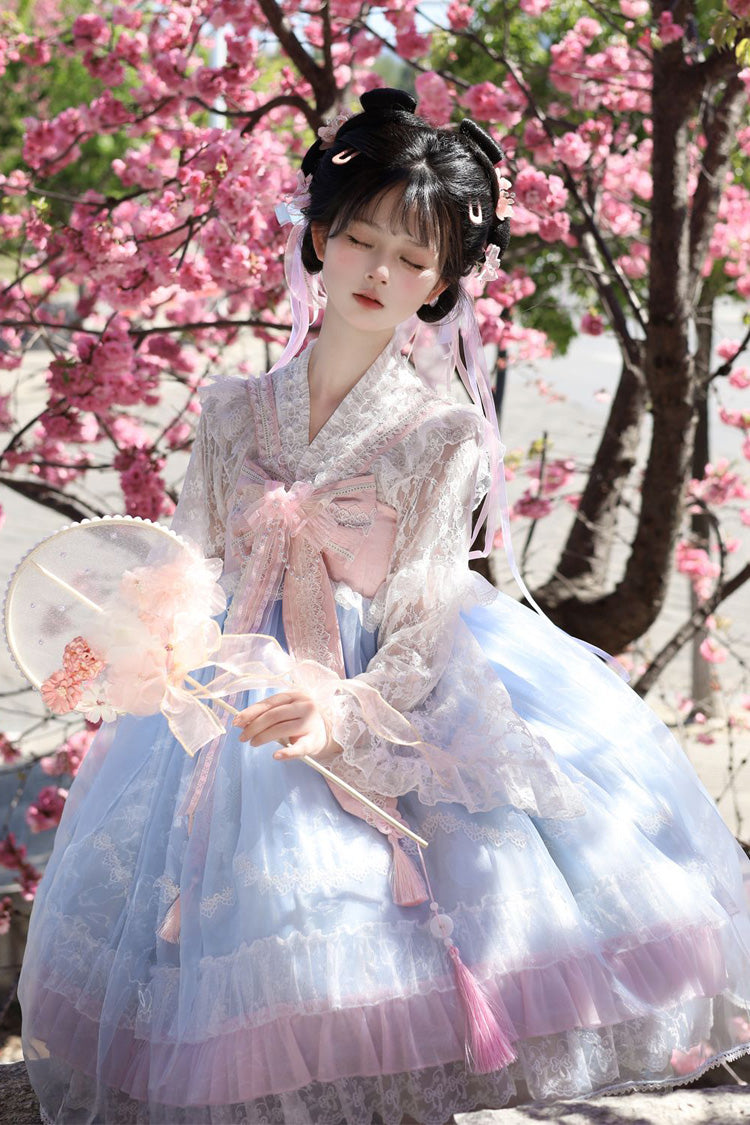 Peach Blossoms in Spring Fields Sweet Chinese Lolita JSK with Ruffles