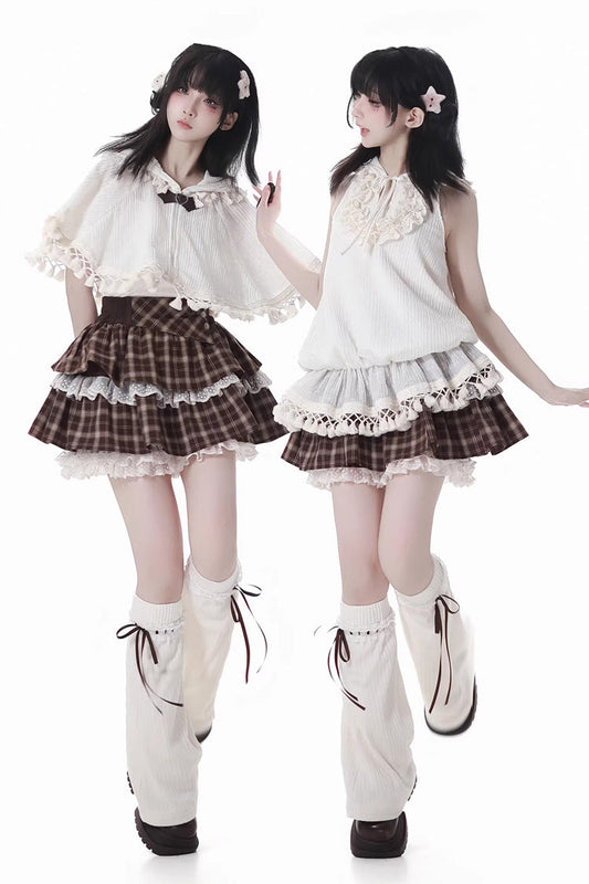 Brown Double-Layer Printed Ruffled Spliced Lace Sweet Skirt - Warm Summer Days