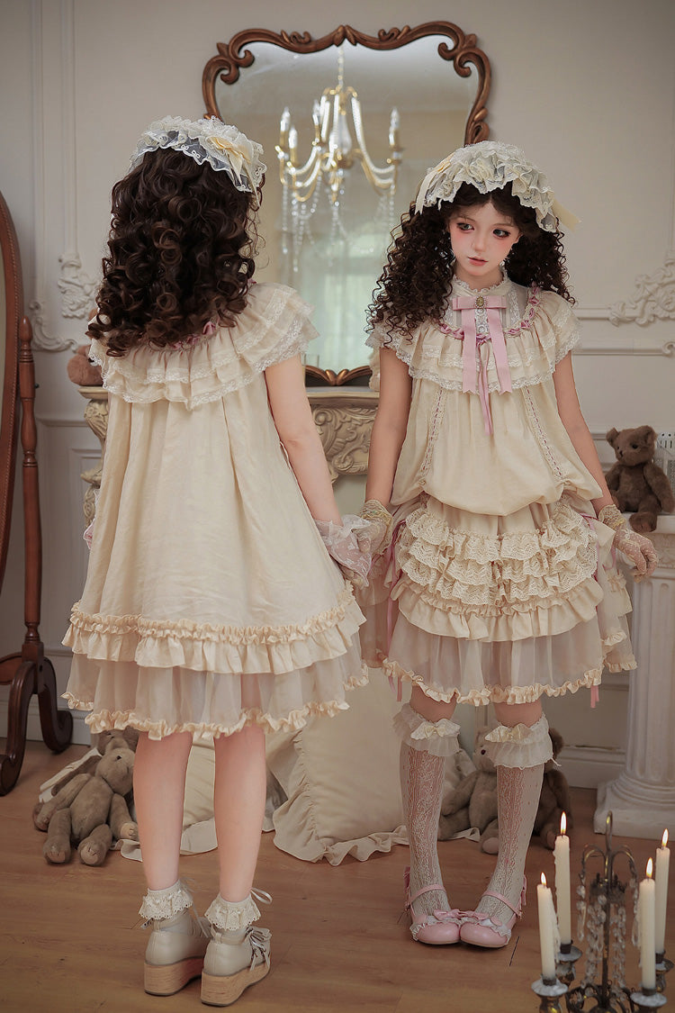Apricot Sweet Lolita Dress with Stand Collar Short Sleeves Loose Doll-Like Ruffled Bow Lace
