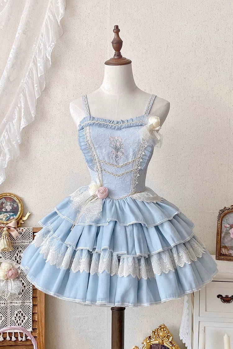 Good Night Tulip Sleeveless Multi-Tiered Ruffled Embroidered Lace Sweet Ballet Lolita Jumper Dress Two Colors