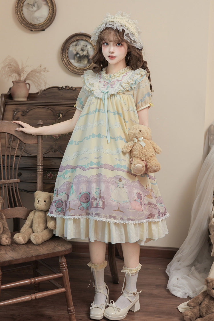 Brown Dollhouse Short Sleeves Bear Printed Ruffled Bow Sweet Lolita Dress Set - Yellow