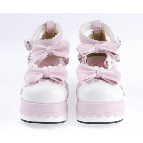 Rose Faux Leather Rounded Toe Ankle Strap Bow Decor Platform Lolita Footwear