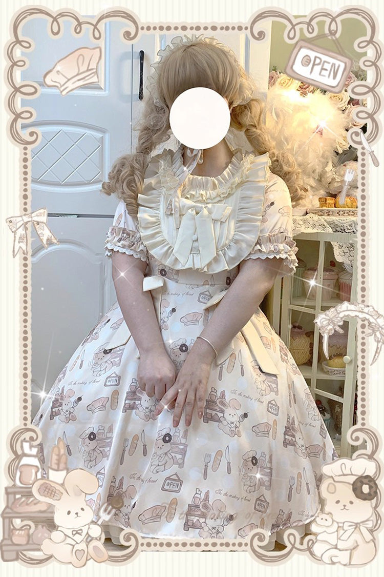 Short Puff Sleeve Print Ruffle Plus Size Princess Lolita Dress Ivory