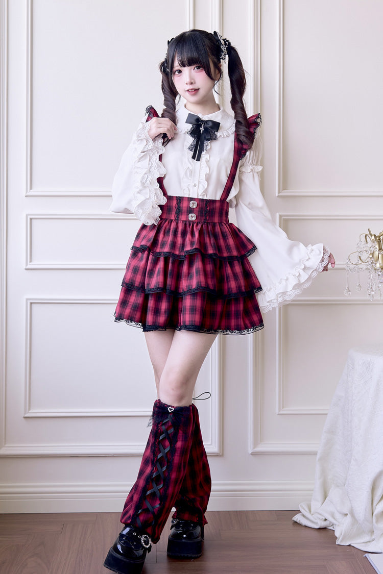 Red Triple-Layer Plaid Print Ruffle Gothic Jirai Kei Strap Dress