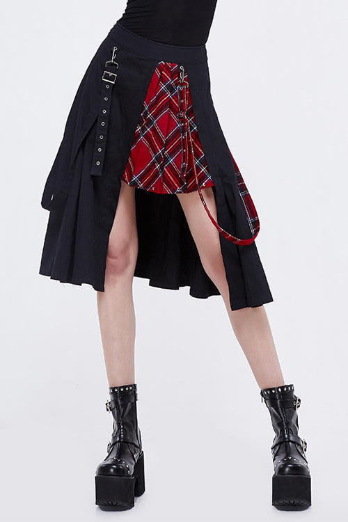 Red & Black Scottish Plaid Punk Skirt with Loops