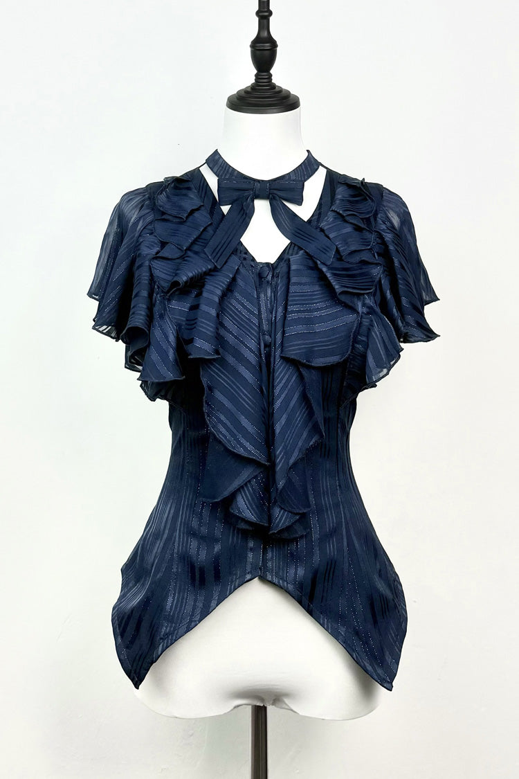 Cobalt Bow-Adorned Gothic Lolita Blouse with Ruffled Details