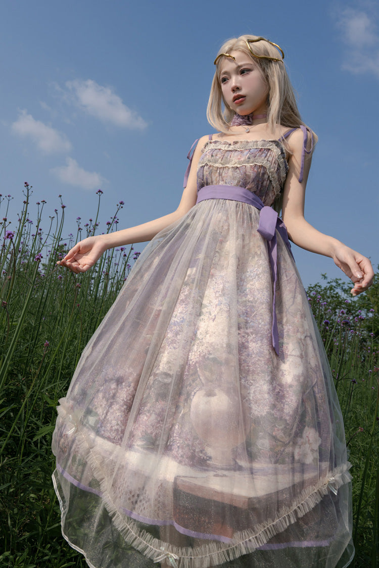 Violet Shaded Blossoms Oil Painting Sleeveless Printed Ruffled Bow Lace JSK