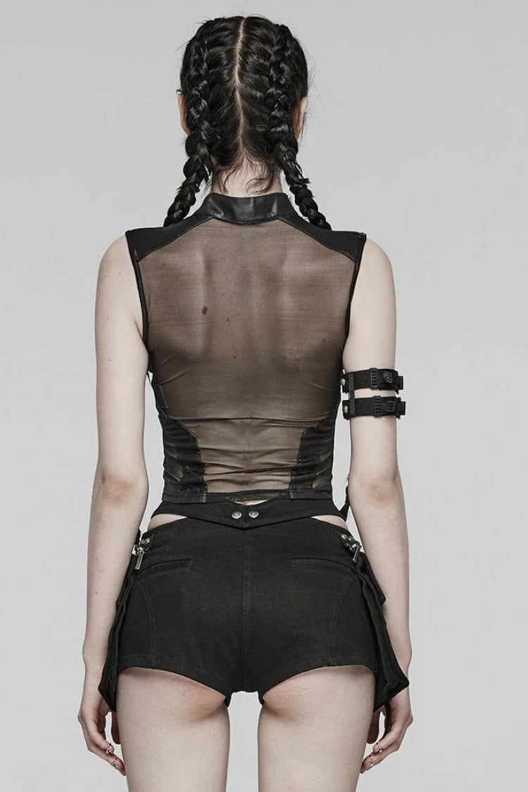 Pitch-Black Sheer Vest with Leather Stitch Details