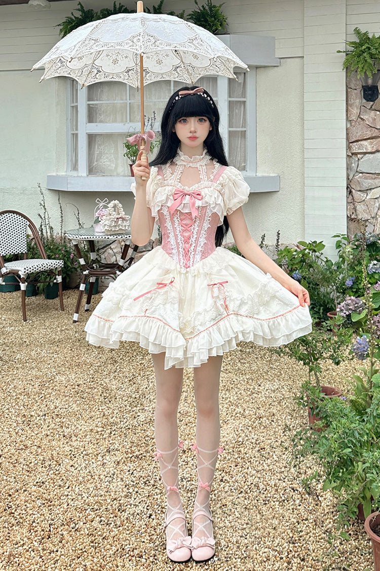 White & Pink Secret Garden Multi-Layer Ruffled Bow Lace-Up Sweet Princess Lolita JSK