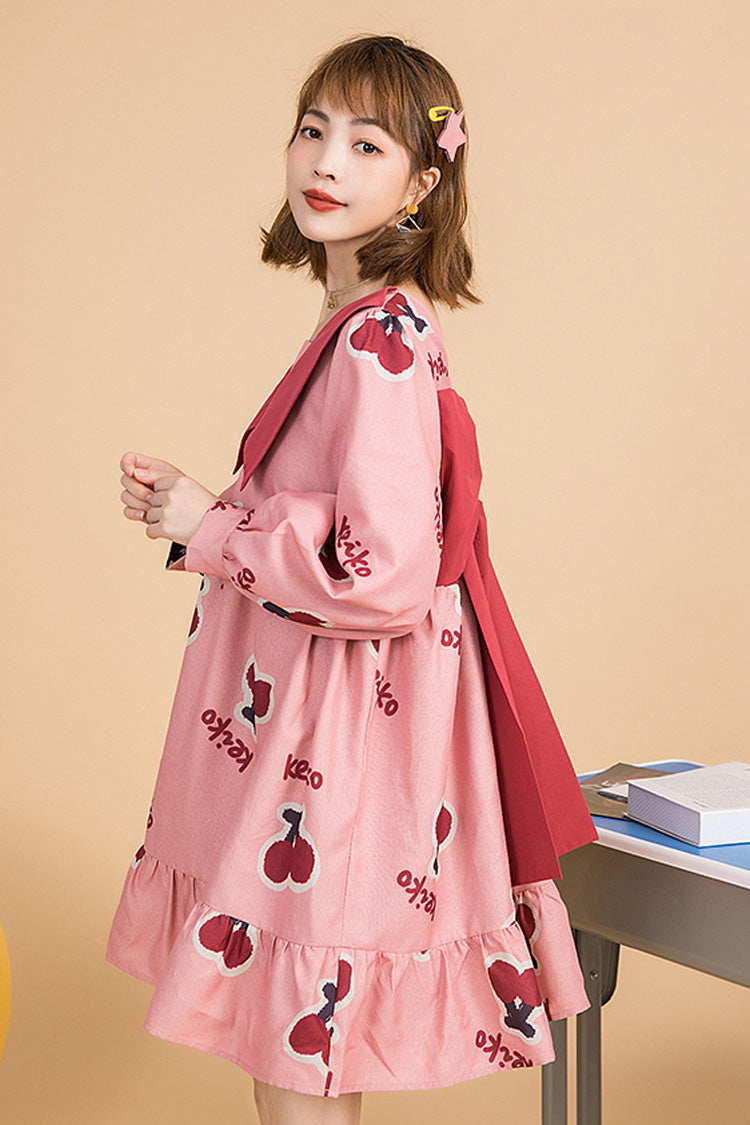 Pink Sweet Lolita Dress with Cherry Print, Lapel Collar and Ruffles - Altfashion Shop