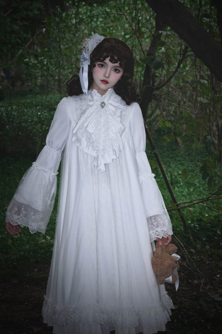 Ivory Stand Collar Long Sleeve Gothic Dress with Lace - Requiem