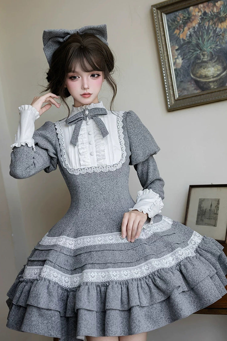 Classic Elegant Lolita Dress with Stand Collar and Ruffled Bow - Grey