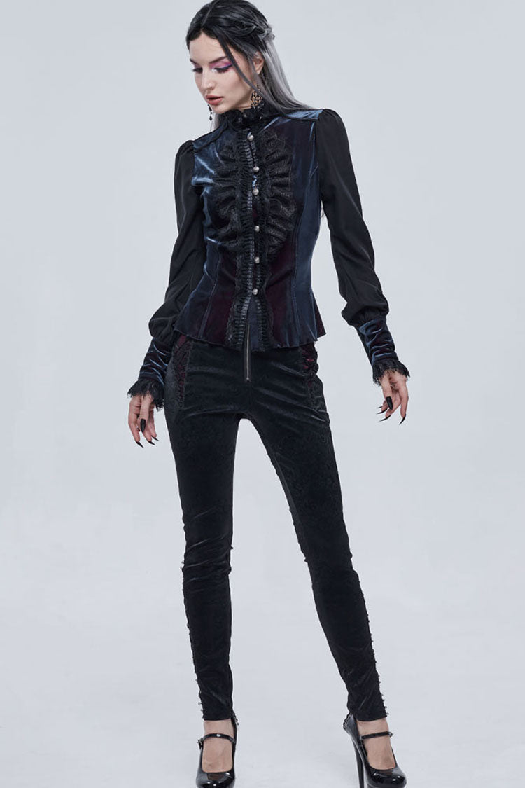 Gothic Turtleneck Shirt with Lantern Sleeves, Velvet Lace-Up, 3D Lace