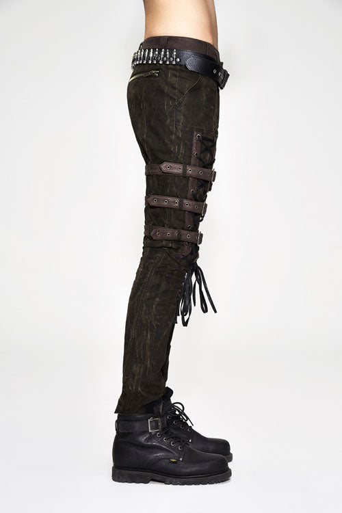 Cocoa Steampunk Embroidered Lace-Up Pants with Multiple Loops