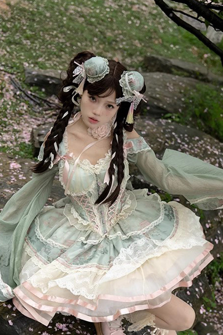 Green Multi-Layer Printed Elegant Lolita JSK Dress - Bowknot Ruffled
