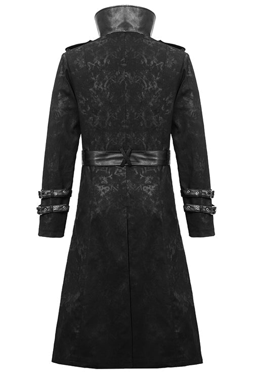 Printed Belted Long Punk Coat with Open Collar