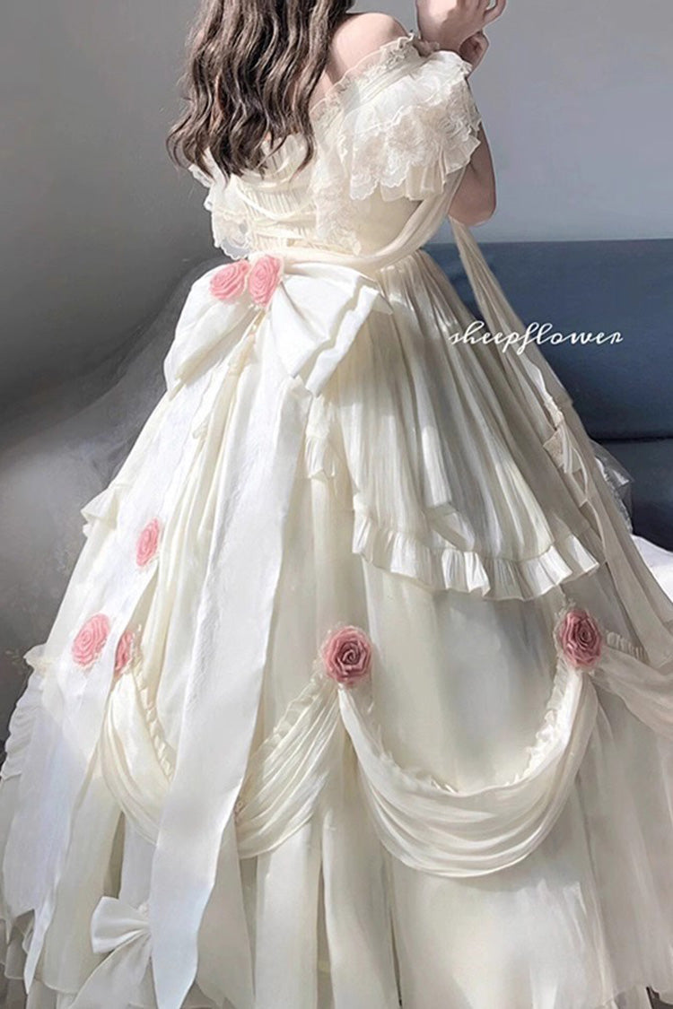 Ivory Rose Pattern Long Sleeve Ruffled Bow Elegant Princess Lolita Strapless