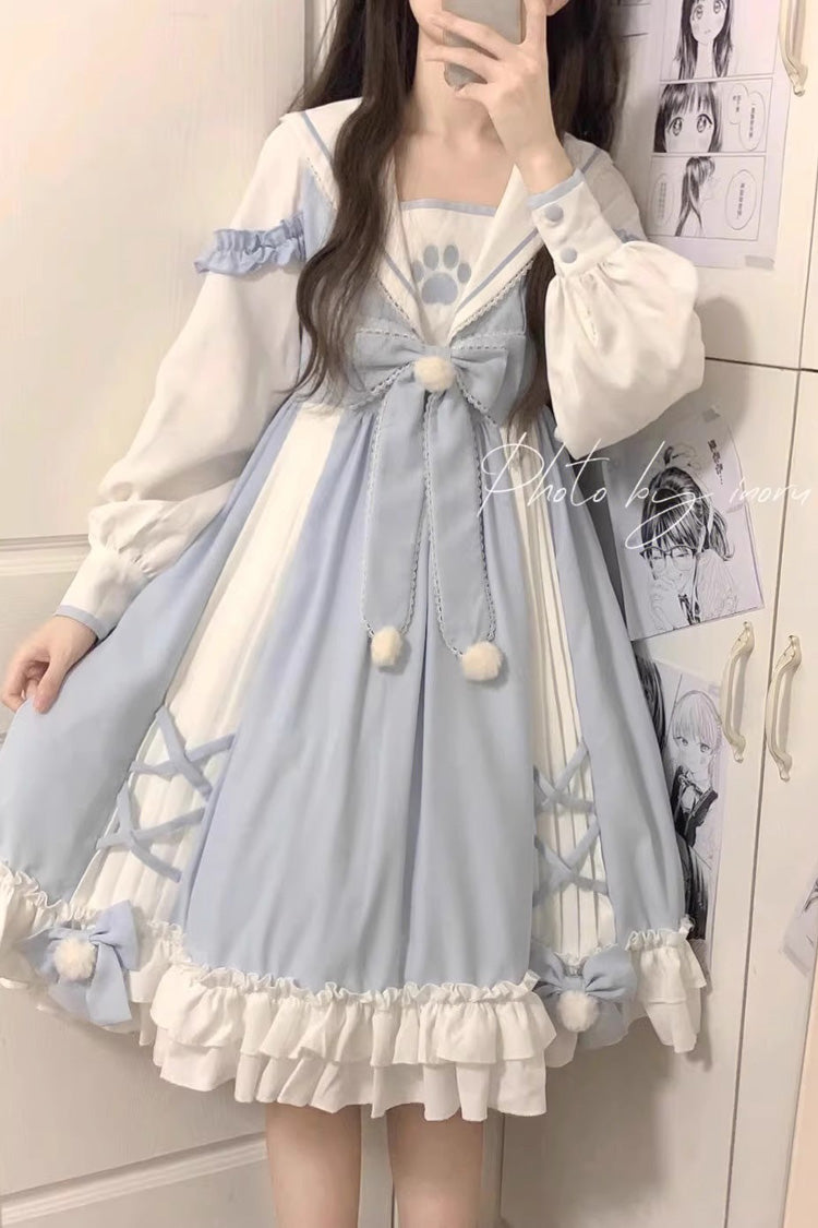 White and Blue Sailor Collar Ruffle Bow Sweet Lolita Dress
