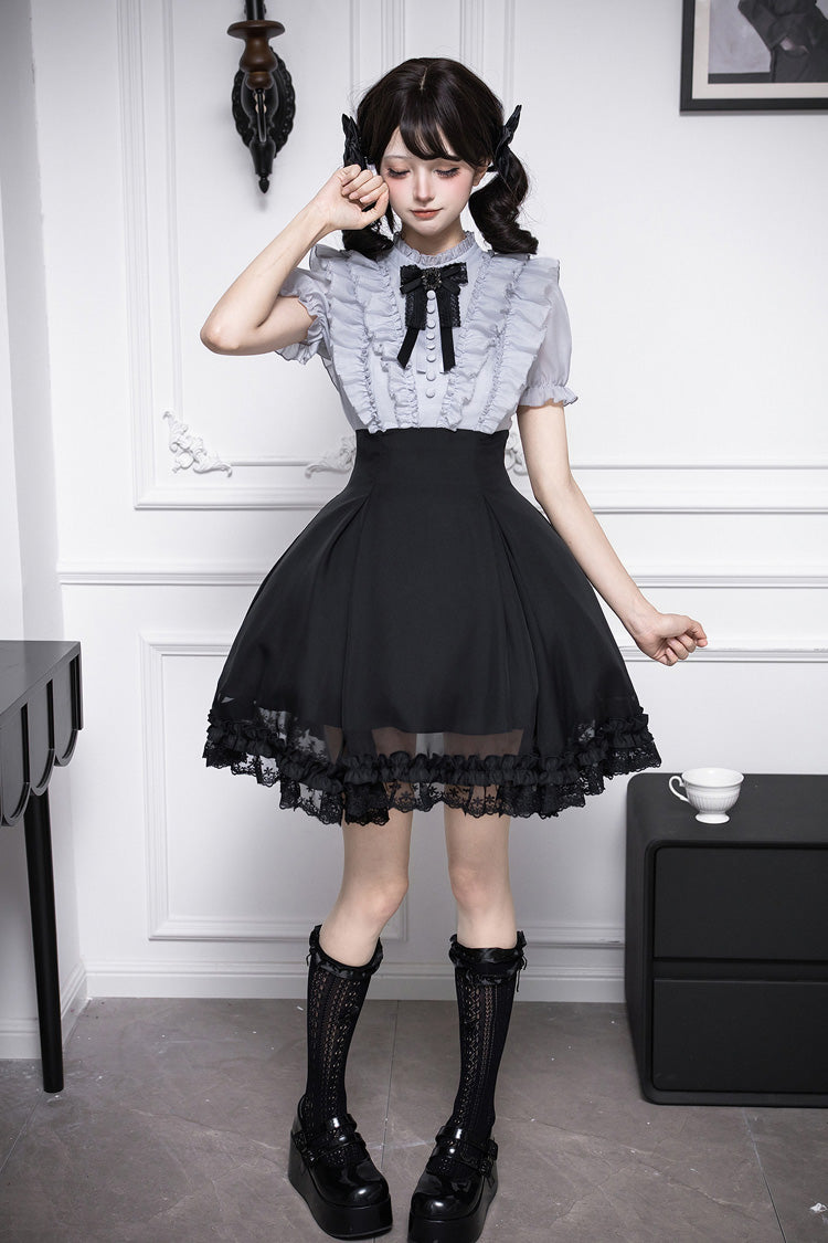 Miss Lola Snow Kiss Stand Collar Short Puff Sleeves Ruffled Color-Blocked Faux Two-Piece Sweet Lolita Dress 3 Colors - Black
