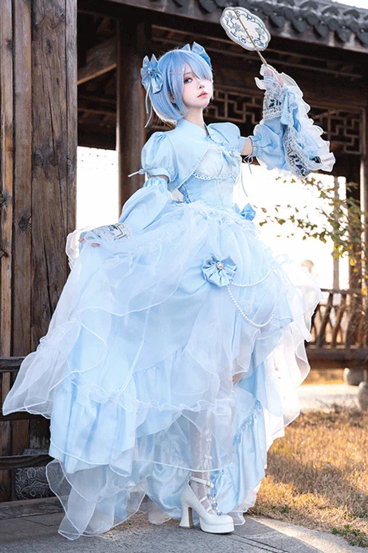 Cerulean and Ivory Porcelain Printed Ruffled Bow Lace High-Low Sweet Plus Size Lolita JSK Long Version