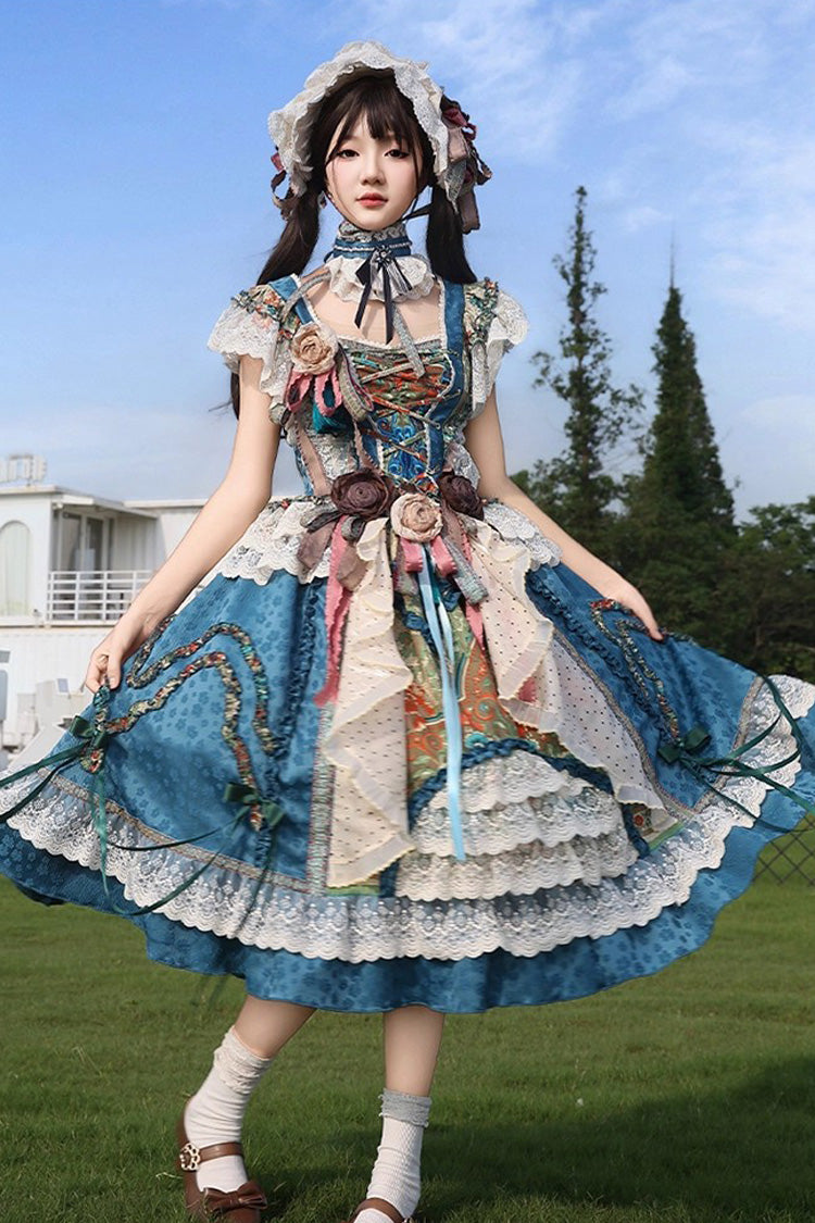 Blue Lake Monet Sleeveless High Waist Print Ruffle Cardigan Bow Lace-Up Vintage Elegant Princess Jumper