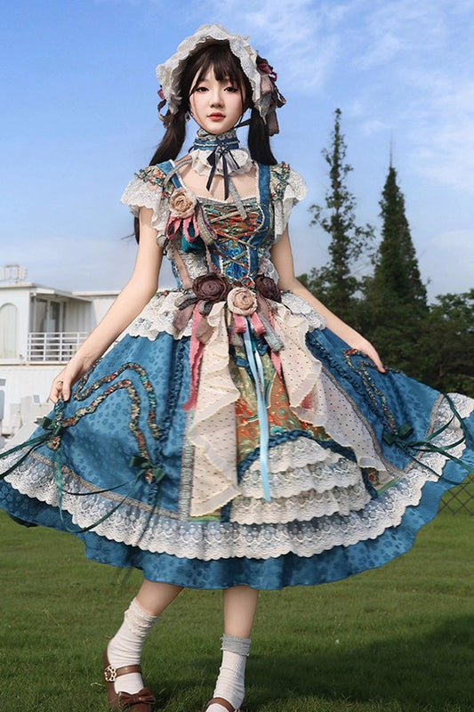 Blue Lake Monet Sleeveless High Waist Print Ruffle Cardigan Bow Lace-Up Vintage Elegant Princess Jumper