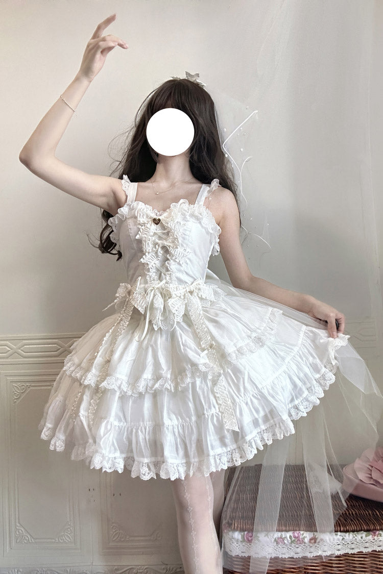 Ivory Ruffle Bowknot Lace-Up Skirt Set - Sweetheart Splolita